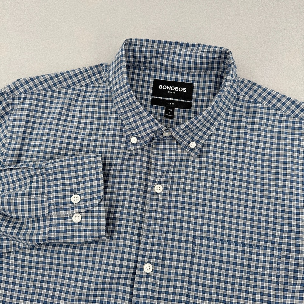 Bonobos Slim‎ Fit Long Sleeve Button Down Mens Large Long Blue Checkered Preppy
